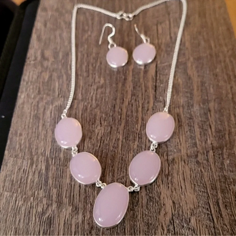 Pink stone necklace and earrings set #PinkJewels Pink stone silver chain